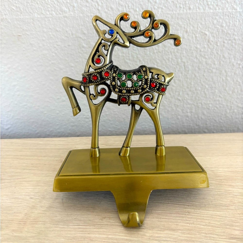 Vintage Reindeer Stocking Holder Hanger Bejeweled Weighted Base Christmas